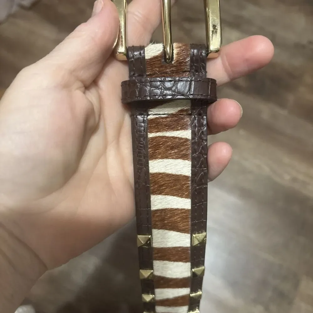 Y2K Michael Kors Brown & White Zebra Print Calf Hair Leather Belt